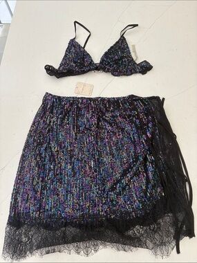 Free People Black Iridescent Sequin Bralette & Skirt Set